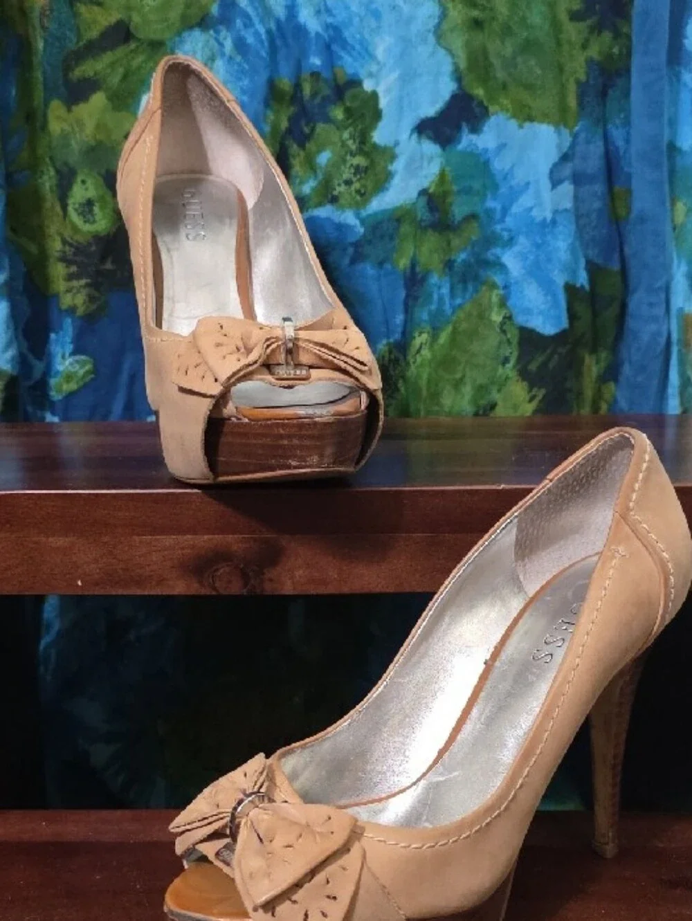 Guess Tan Open-Toe Platform Heels with Bow Detail